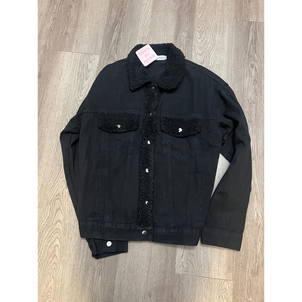 Dash of Nash Womens Black Denim Faux Shearling Trim Trucker Jacket Size Medium